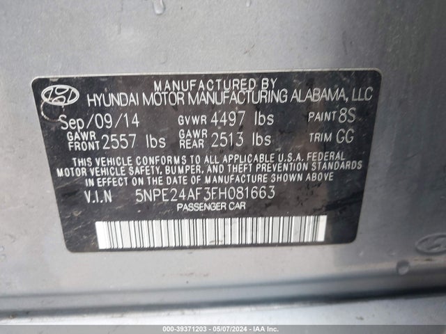 Hyundai SONATA SE 2015 5NPE24AF3FH081663 Image 9