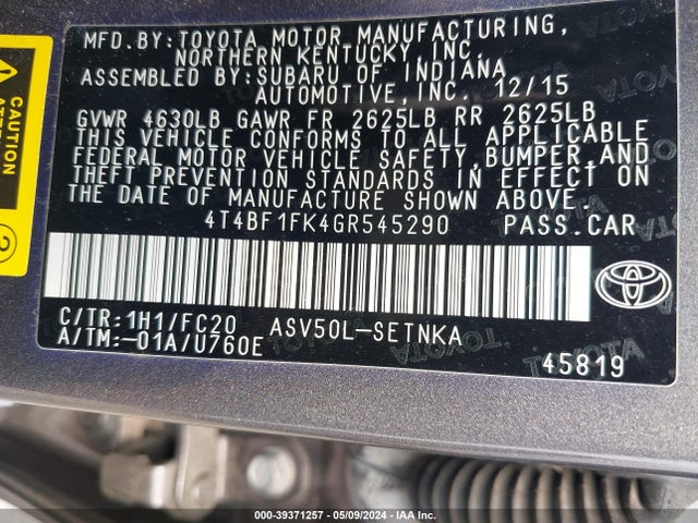 Toyota CAMRY LE 2016 4T4BF1FK4GR545290 Image 9