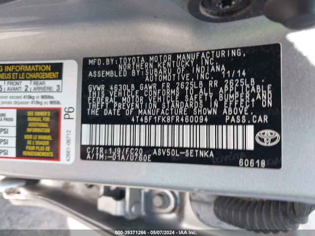 Toyota CAMRY LE 2015 4T4BF1FK8FR460094 Image 9