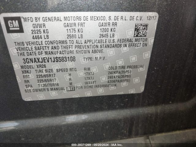 3GNAXJEV1JS583108 Chevrolet EQUINOX LT