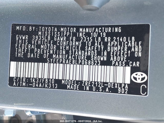 Toyota COROLLA LE 2020 5YFEPRAE8LP068623 Image 9