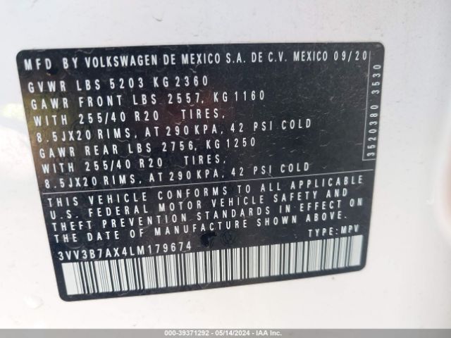 3VV3B7AX4LM179674 Volkswagen Tiguan 2.0t Se/2.0t Se R-line Black/2.0t Sel