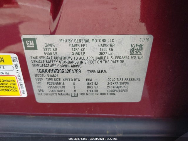 Chevrolet Traverse 2lt 2016 1GNKVHKD0GJ264789 Image 9