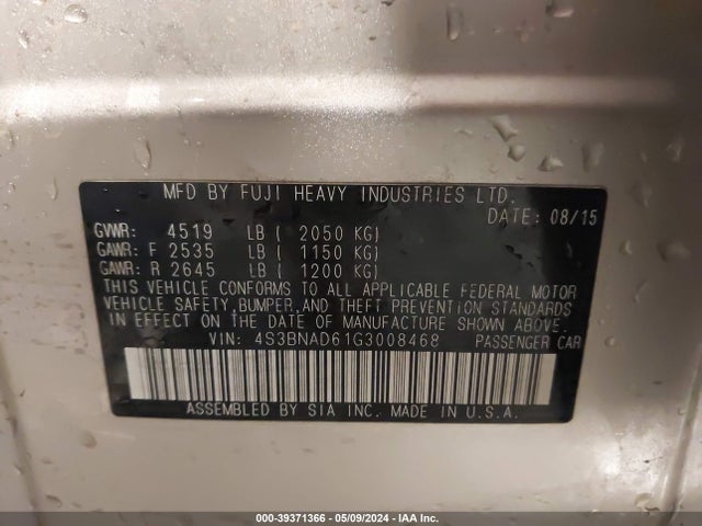 Subaru Legacy 2.5i Premium 2016 4S3BNAD61G3008468 Image 9