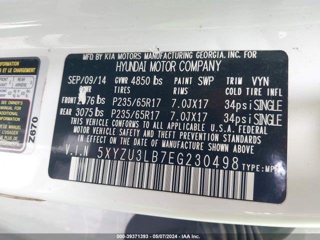 5XYZU3LB7EG230498 Hyundai Santa Fe Sport 2.4l