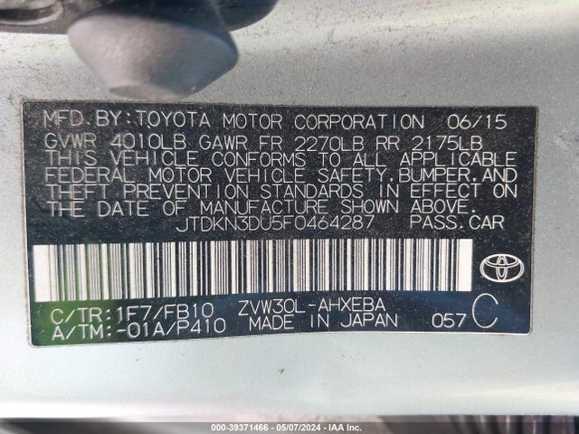 Toyota Prius Two 2015 JTDKN3DU5F0464287 Image 9