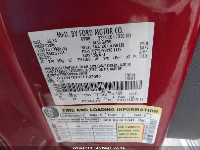 1FTFW1EF1EFC27083 Ford F-150 Platinum