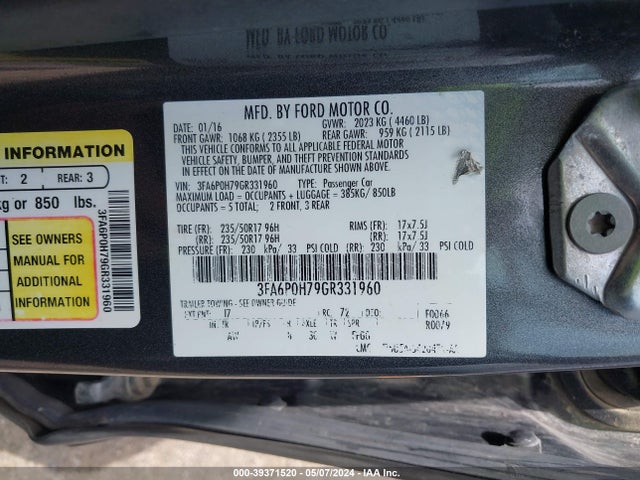 Ford FUSION SE 2016 3FA6P0H79GR331960 Image 9