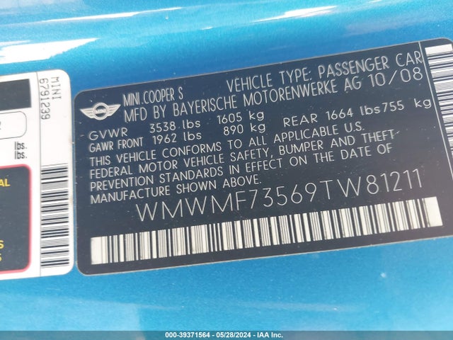 2009 MINI COOPER S WMWMF73569TW81211 Photo 8