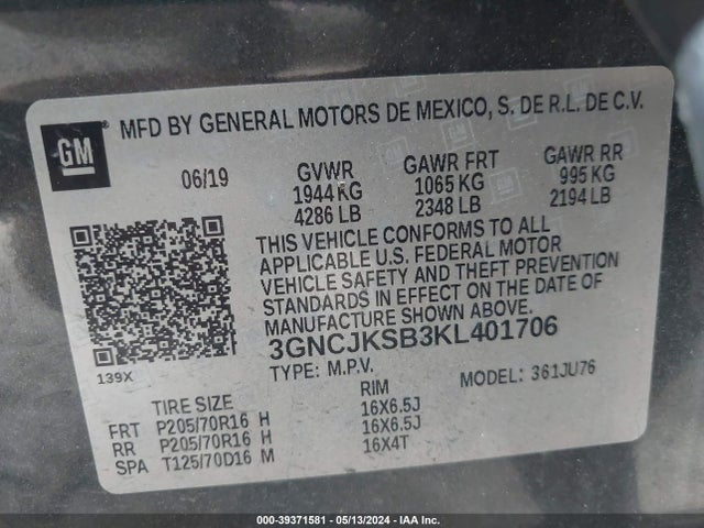 Chevrolet TRAX LS 2019 3GNCJKSB3KL401706 Image 9