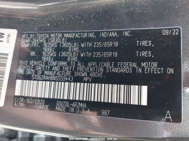 Toyota Highlander Xle 2022 5TDGZRAH8NS559443 Image 9