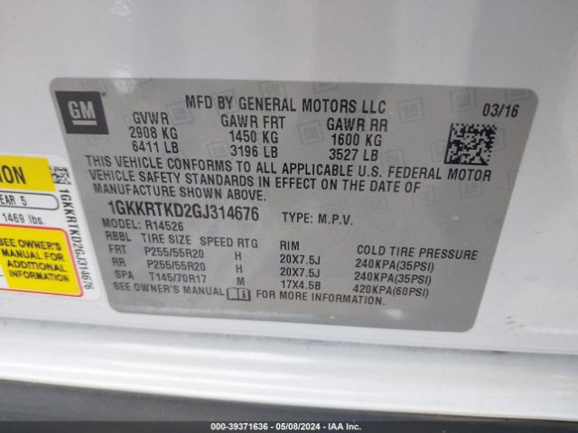 1GKKRTKD2GJ314676 GMC Acadia Denali
