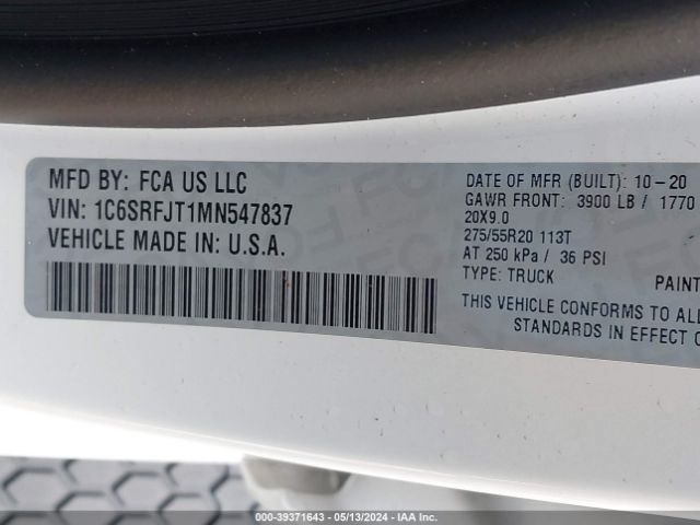 1C6SRFJT1MN547837 RAM 1500 Laramie  4x4 5'7 Box