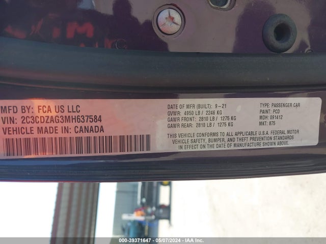 Dodge Challenger Sxt 2021 2C3CDZAG3MH637584 Image 9
