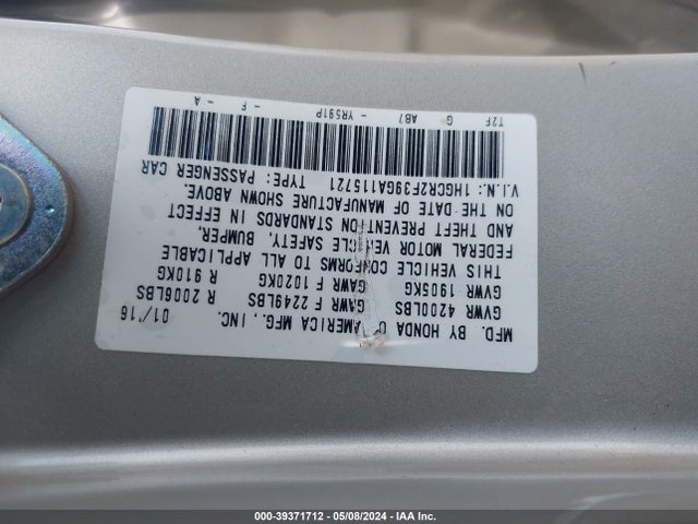 Honda ACCORD LX 2016 1HGCR2F39GA115721 Image 9