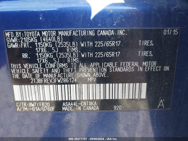 Toyota RAV4 LE 2015 2T3BFREV3FW286124 Image 9
