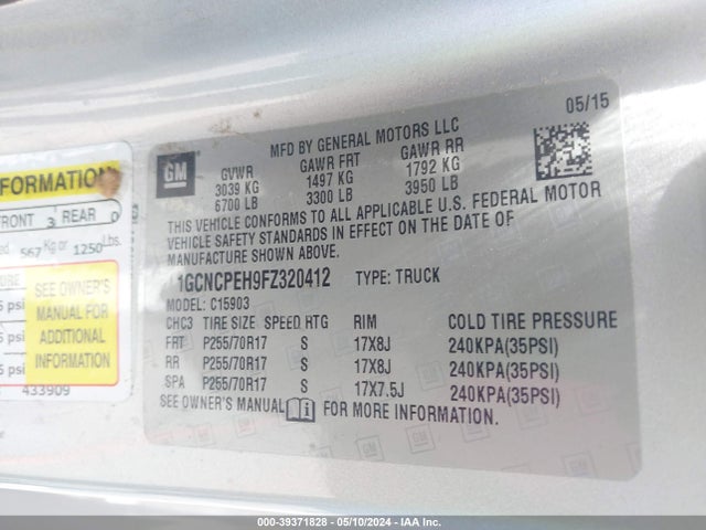 Chevrolet Silverado 1500 Wt 2015 1GCNCPEH9FZ320412 Image 9