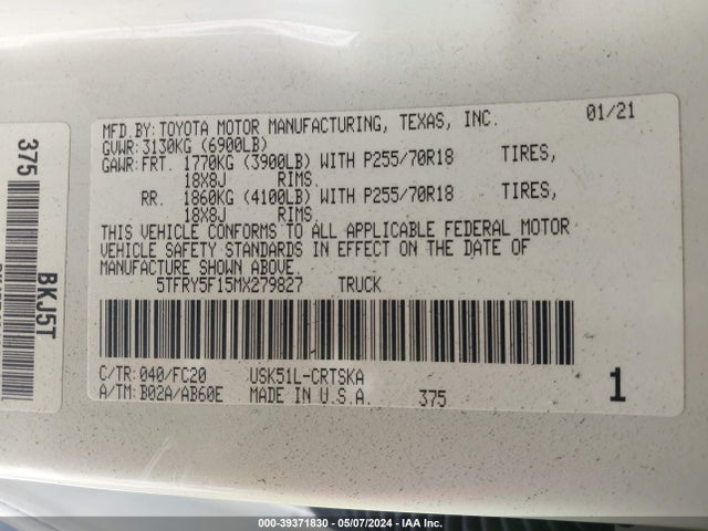 Toyota Tundra Sr5 2021 5TFRY5F15MX279827 Image 9
