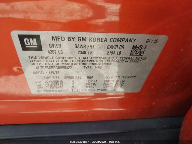 Chevrolet TRAX LTZ 2016 KL7CJRSB9GB690422 Image 9
