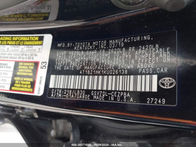 4T1BZ1HK1KU026138 Toyota Camry Xse V6
