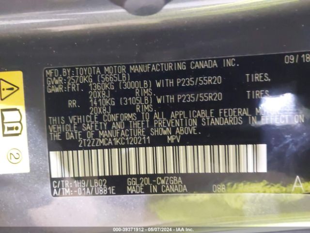 2T2ZZMCA1KC120211 Lexus RX 350