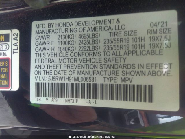 5J6RW1H91ML006581 Honda Cr-v 2wd Touring