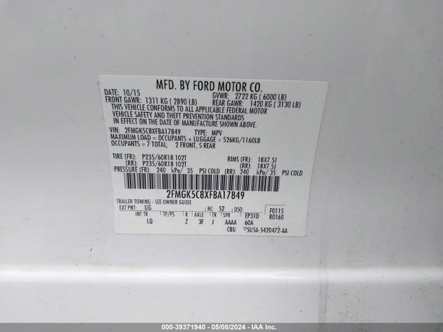 Ford FLEX SEL 2015 2FMGK5C8XFBA17849 Image 9