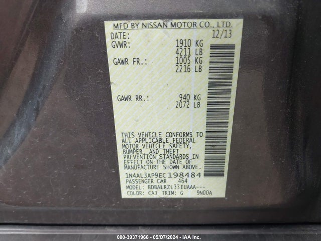 Nissan Altima 2.5 S 2014 1N4AL3AP9EC198484 Image 9