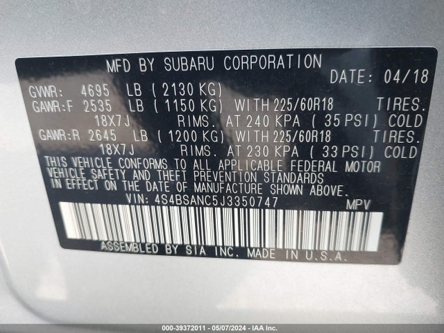 Subaru Outback 2.5i Limited 2018 4S4BSANC5J3350747 Image 9