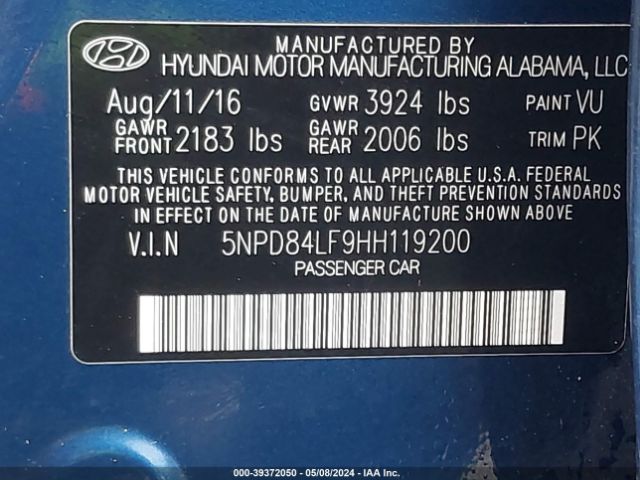5NPD84LF9HH119200 Hyundai ELANTRA SE