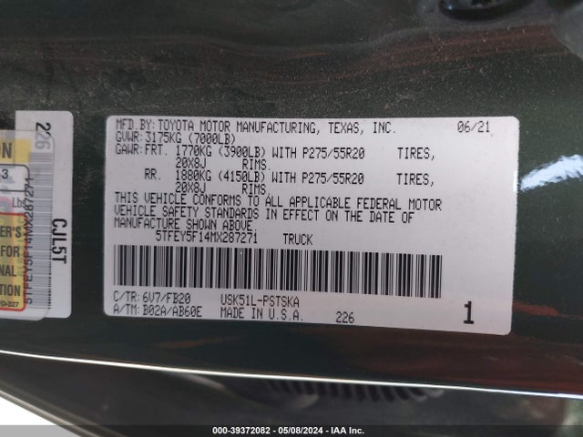 Toyota Tundra Sr5 2021 5TFEY5F14MX287271 Image 9