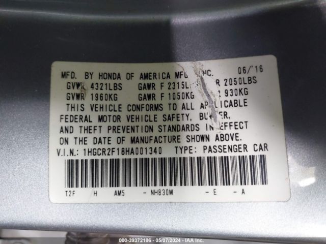 1HGCR2F18HA001340 Honda Accord Sport Se