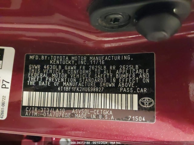 Toyota CAMRY XLE 2017 4T1BF1FK2HU698827 Image 9