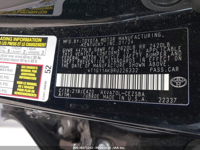 Toyota CAMRY SE 2024 4T1G11AK9RU226332 Image 9