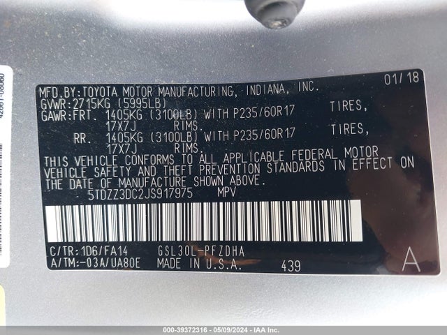 Toyota Sienna L 7 Passenger 2018 5TDZZ3DC2JS917975 Image 9