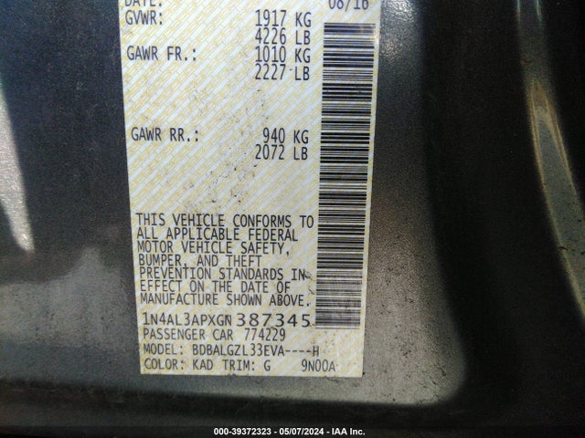 Nissan Altima 2.5 S 2016 1N4AL3APXGN387345 Image 9
