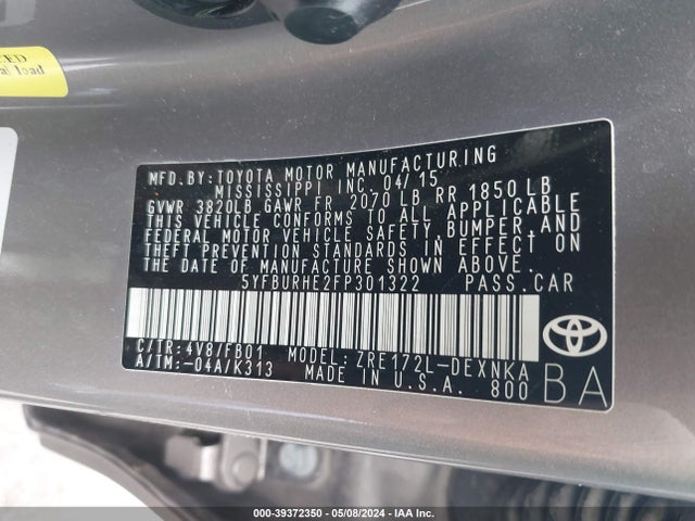 Toyota COROLLA LE 2015 5YFBURHE2FP301322 Image 9