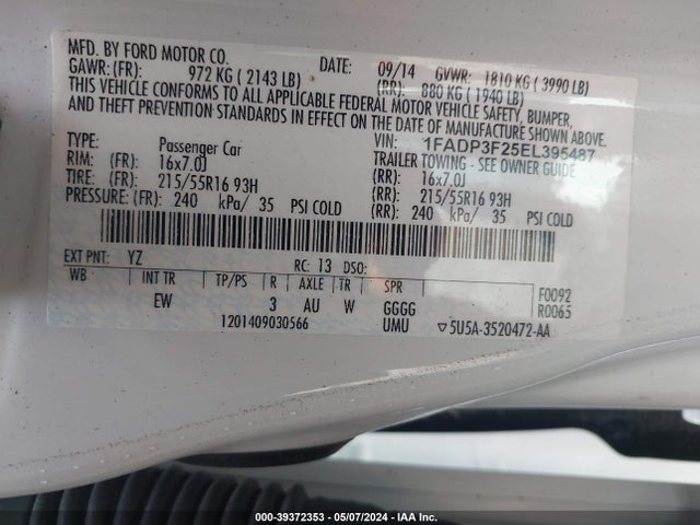 Ford FOCUS SE 2014 1FADP3F25EL395487 Image 9
