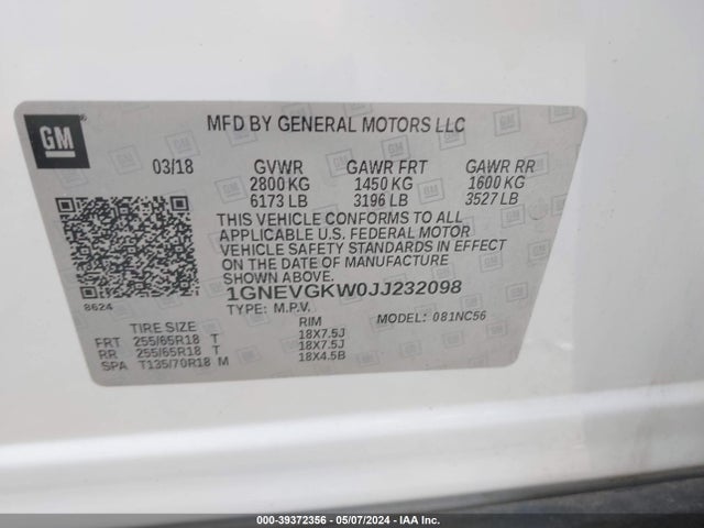 Chevrolet Traverse 1lt 2018 1GNEVGKW0JJ232098 Image 9