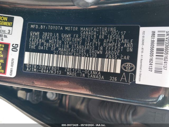 2T1BURHEXHC924139 Toyota COROLLA LE