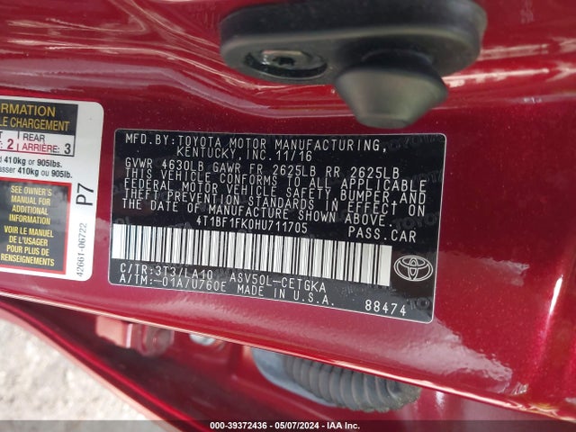 Toyota CAMRY XLE 2017 4T1BF1FK0HU711705 Image 9
