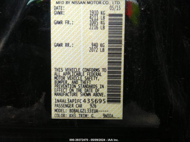 1N4AL3AP1FC435695 Nissan Altima 2.5/2.5 S/2.5 Sl/2.5 Sv