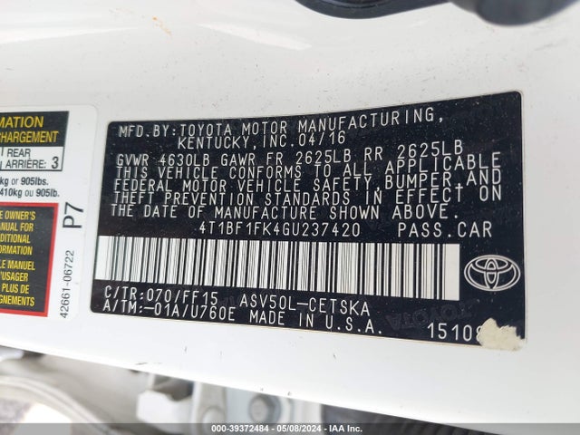 Toyota CAMRY SE 2016 4T1BF1FK4GU237420 Image 9