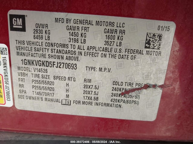 Chevrolet Traverse 1lt 2015 1GNKVGKD5FJ270693 Image 9