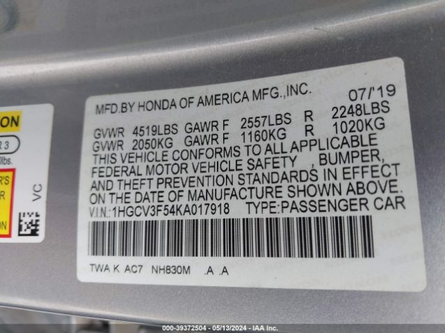 1HGCV3F54KA017918 Honda Accord Hybrid Ex-l