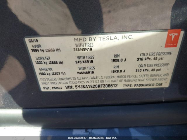 5YJSA1E20KF306612 Tesla Model S 100d/75d/long Range/standard Range
