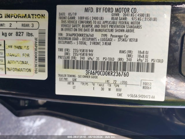 Ford FUSION SEL 2019 3FA6P0CD0KR236760 Image 9