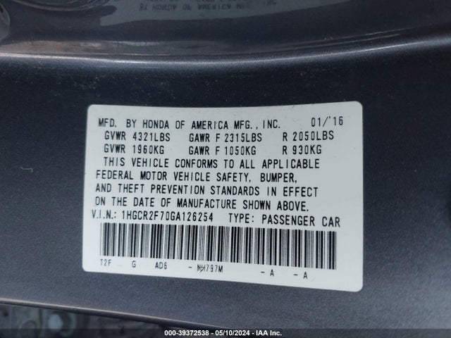 Honda ACCORD EX 2016 1HGCR2F70GA126254 Image 9