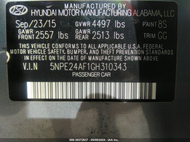 5NPE24AF1GH310343 Hyundai SONATA SE