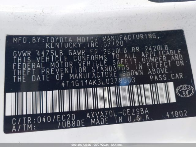 4T1G11AK3LU378503 Toyota Camry Se Nightshade Edition